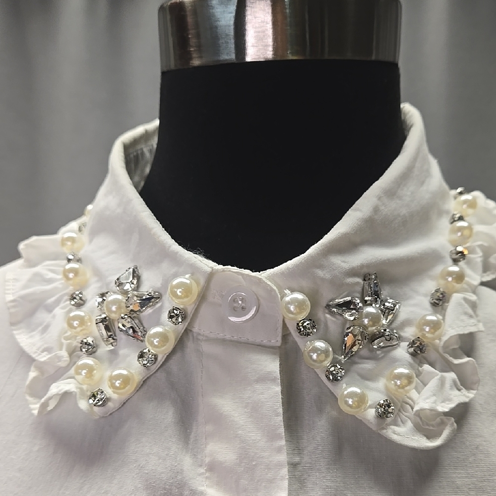 White Embellished Rhinestone Pearls Collar Long Sleeves Cotton Blouse L